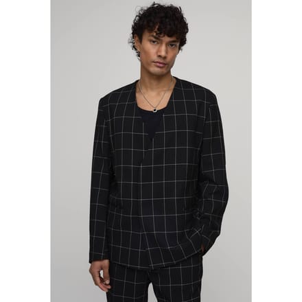 Windowpane Checked Collarless Regular Fit Wrap Blazer | Black | Size 46