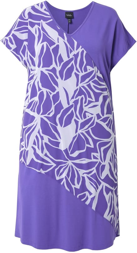 Ulla Popken - Dames - Jersey jurk chiffon overgooier V-hals korte mouwen - Purper - Maat 42+