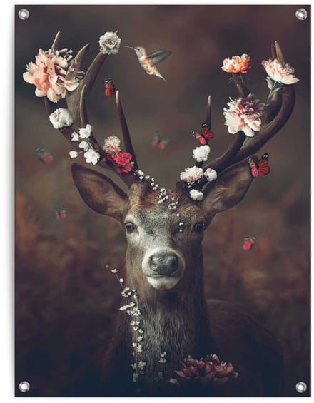 Tuinposter Hert met bloemengewei - 80 x 60 - Canvas - REINDERS