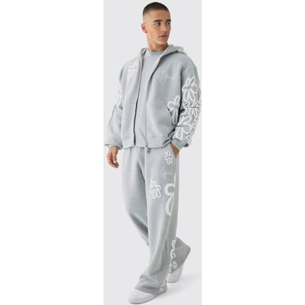 Oversized Boxy Floral Puff Print Zip Through Tracksuit | Grey Marl | Size Medium