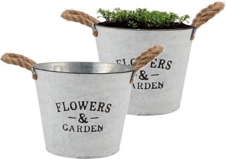 DK Design Plantenpot/bloempot emmer Jardin- 2x - zink - wit - D23 x H18 cm