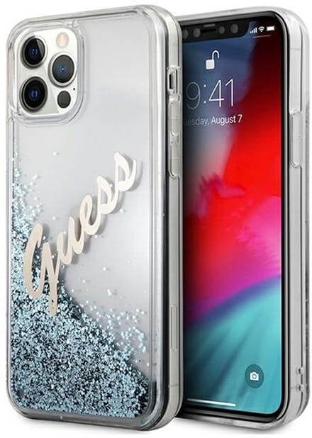 Guess Liquid Glitter Script Hard Case geschikt voor iPhone 12 Pro Max ( 6.7" ) - Vintage Blauw