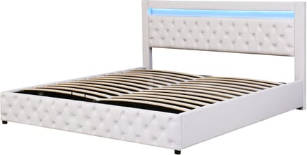 COVREO Stofbed met opbergruimte en LED-verlichting – 180x200 cm – Bedframe met lattenbodem – voor volwassenen – Wit - zonder matras