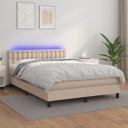 vidaXL - Boxspring - met - matras - en - LED - kunstleer - cappuccinokleur - 140x200cm