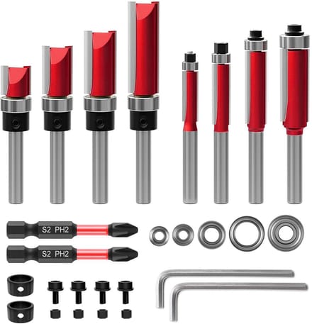 Kantenfrees Set - Houtfrees Bovenfrees - Houtbewerking Afwerking - 10 Delige Set - 8 mm Schacht - Zilverkleurig