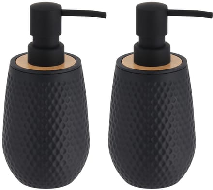 Tendance zeeppomp honeycomb - 2x - zwart - 280 ml - D8 x H17 cm - rubber/bamboe - zeep dispenser