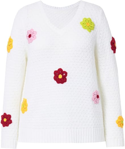 MIAMODA - Dames - Pullover classic fit 3D-bloemen zijsplitten - Off-white - Maat 54+