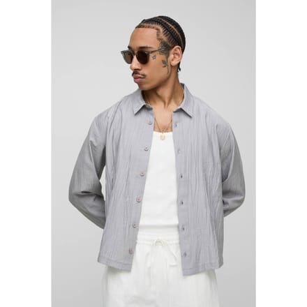 Regular Fit Crinkle Cotton Long Sleeve Shirt | Light Grey | Size Medium