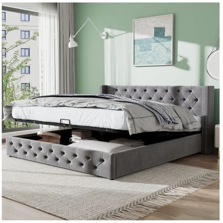 Lit capitonné - MUVOE - 160x200 - Gris - Tête haute - Rangement intégré gris