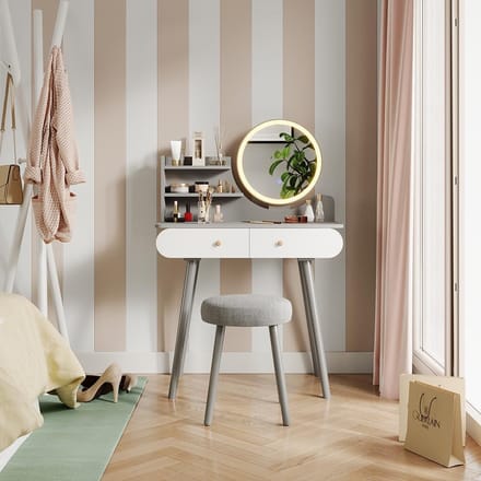 Kaptafel Set - Make-up Tafel - Dagelijkse Verzorging - Geïntegreerde LED Spiegel - 80 cm Breed - Grijs