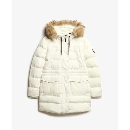 Superdry Everest Halflange Pufferjas van Imitatiebont Wit Grootte: 40