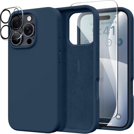 Solid hoesje Soft Touch Liquid Silicone Flexible TPU Rubber + Screenprotector - Camera Lens - Geschikt voor: iPhone 16 Pro Max - Navy Blauw