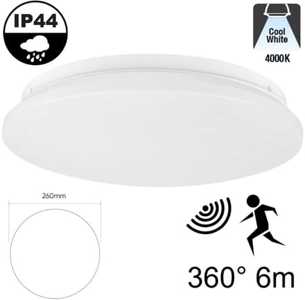 Led Plafonnière 12w met Bewegingssensor | 960 Lumen | 4000K Neutraal Wit | IP44 | Ø260mm