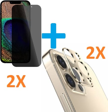 2X Privacy Scherm Tempered Glass Screen Protector Anti-Spy + 2X Camera lens Beschermer goud Geschikt voor: Apple iPhone 13 Pro Max
