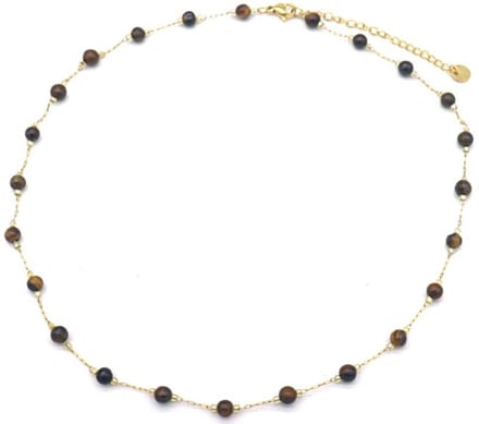 Ketting - Kralen Tijgeroog - RVS - Lengte 39-44 cm - Goudkleurig