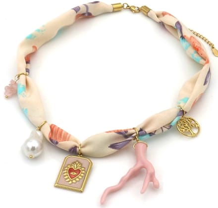 Ketting - stof met RVS bedels - 40-45 cm