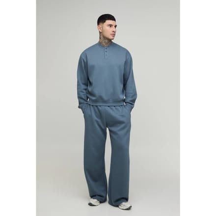 Lang Oversized Boxy Henley Sweatshirt En Wijde Pijpen Joggingbroek | Slate | Size Medium