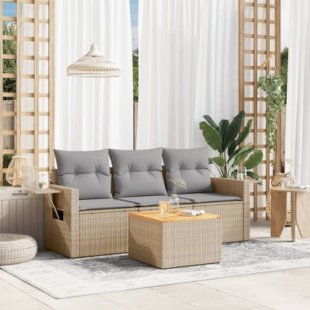 vidaXL - 4-delige - Loungeset - met - kussens - poly - rattan - beige