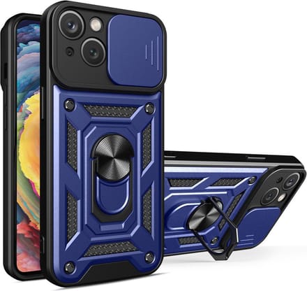 MobyDefend Hoesje - Geschikt voor iPhone 15 Plus - Pantsercase Met Draaibare Ring - Blauw