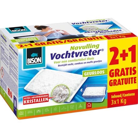 Bison Vochtvreter® Navulzak Neutraal 3x 1 k g schikt voor Bison Vochtvreter®, bestrijd hoge luchtvochtigheid, geen batterij nodig, ook geschikt voor caravans en campers