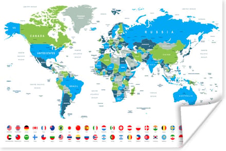 Poster - Wereldkaart - Vlag - Blauw - Groen - 120x80 cm