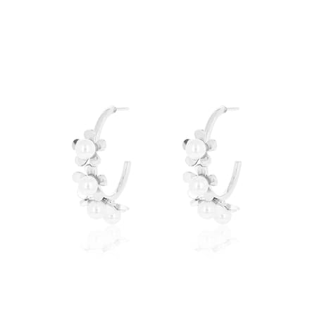 Silver coloured earrings with flowers & pearls