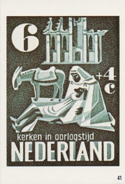 Briefkaart met afbeelding kerken in oorlogstijd postzegel