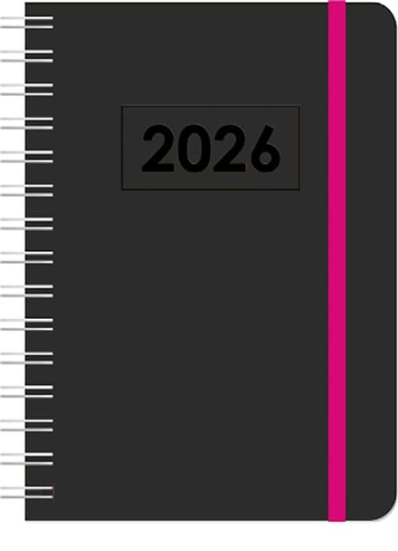 MGPcards - A5 Agenda 2026 - Sluiting Elastiek - Wire-O - Weekoverzicht 1w/2p - Zwart + Pink elastiek - Ruime vakken - 14,8 x 21 cm
