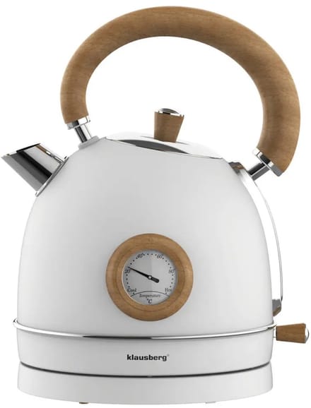 Klausberg 9007 - Retro Waterkoker - 1,8L - RVS - wit met hout - met thermometer