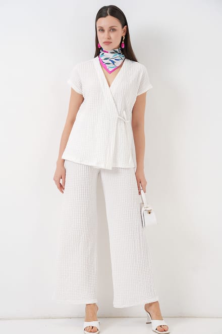 Gestructureerde V-hals Met Strikdetail Twee-delig Co-ord Set