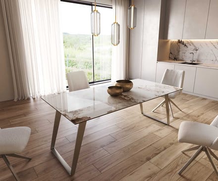 Eetkamertafel Edge keramiek Minas Melange wit-beige 200x100 RVS schuin