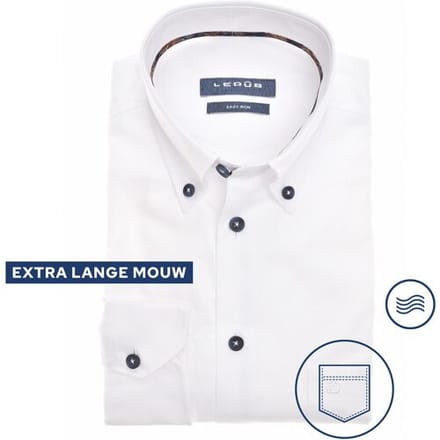 Ledûb Overhemd Extra Lange Mouw Uni Color Easy Care Cotton Blend Mouwlengte 7 Wit-Donkerbruin / male