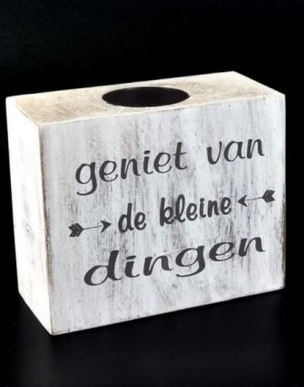 Waxinehouder - Blokvorm - White - Hout - Geniet van de kleine dingen