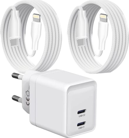 Dual Power Adapter USB C - Geschikt voor iPhone - Oplader Kabel met 2 Meter Lange USB C Kabels - Snellader