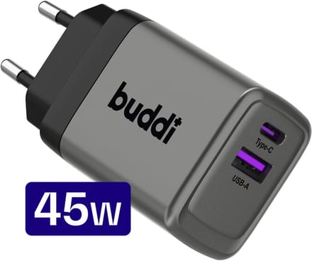 Buddi Power 45W Power Adapter | USB-C + USB-A Adapter | Fast Charge | Snellader voor Smartphone en Tablet | Compact en Efficiënt | GaN-technologie | Grijs
