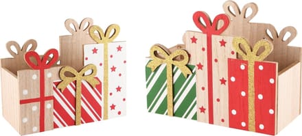 Dekoratief | Set 2 bakjes cadeautjes, rood/groen, hout, 24x12x20cm | A245350