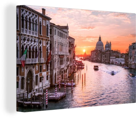 Canvas Schilderij Boot - Water - Zon - Venetië - 90x60 cm - Wanddecoratie