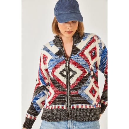 Geometrisch Patroon Ritskraag Cardigan