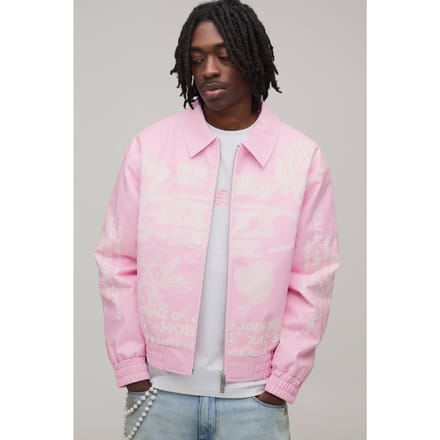 Boxy Fit Pu Bedrukte Grafische Varsity Jas | Pink | Size Medium