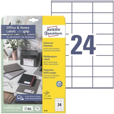 Universele etiketten permanent wit 36x70 mm 240 stuks 6122 met ultragrip