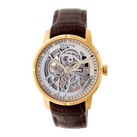 Heritor Automatic Ryder Skeleton leren band horloge - Bruin/Goud