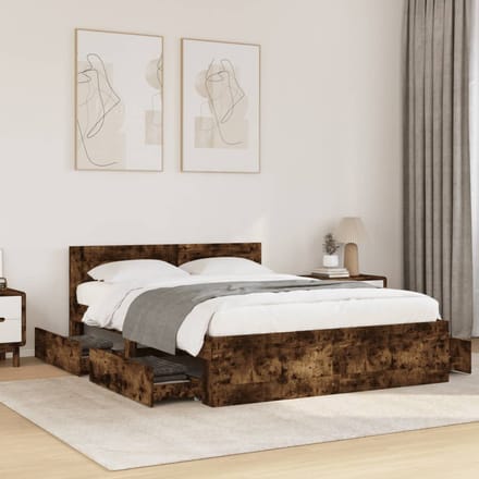 vidaXL - Bedframe - met - hoofdeinde - bewerkt - hout - gerookt - eiken - 140x200 - cm
