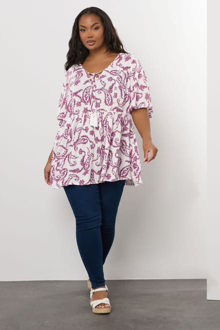 Yours Witte Paisley Print Top Met Strik Aan De Voorkant Size 48