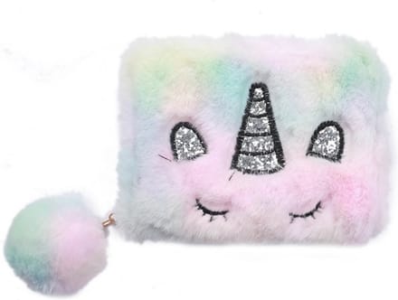 Portemonnee - Fluffy Unicorn en Pompon - Ritssluiting - 12x9x2,5 cm - Regenboog