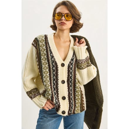 Etnische Print V-hals Lange Mouw Knopen Sluiting Cardigan