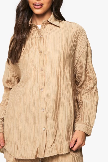 boohoo Dames Geweven Gekreukeld Oversized Shirt | Mocha | Maat: 8