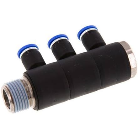 8mm x R1/2'' 3-way Manifold Messing/PA 66 Insteekfitting Buitendraad Draaibaar NBR