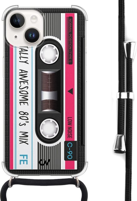 Casevibes - Telefoonhoesje met koord - Geschikt voor Apple iPhone 14 - Cassette - Grijs -