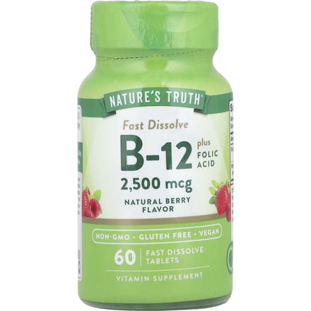 Nature's Truth, met Vitamine B-12, Foliumzuur, Natuurlijke Bessen smaak, 2.500 mcg, 60 Snel Oplossende Tabletten