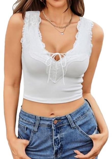 Dames Crop Top V-hals Mouwloos Vest met Kant Patchwork - Wit - Maat L
